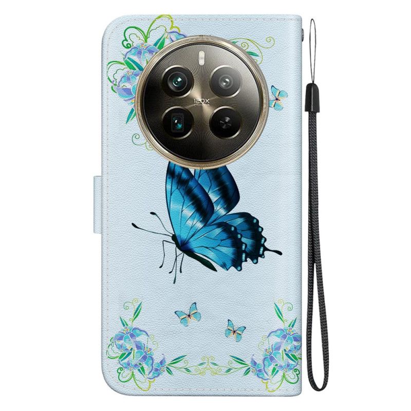 Flip Cover Realme 12 Pro / 12 Pro Plus Blå Sommerfugl Og Blomster Med Rem