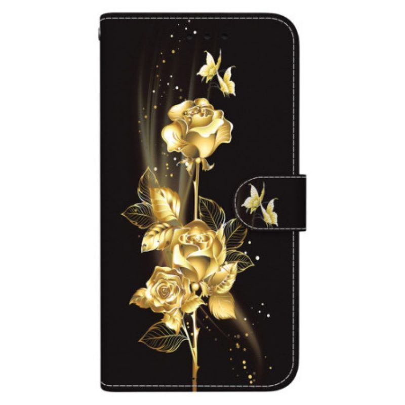 Flip Cover Realme 12 Pro / 12 Pro Plus Guld Og Pink Sommerfugl Med Rem