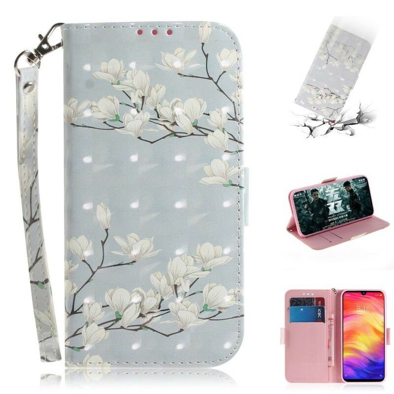 Flip Cover Xiaomi Redmi Note 7 Med Snor Thong Blomstertræ