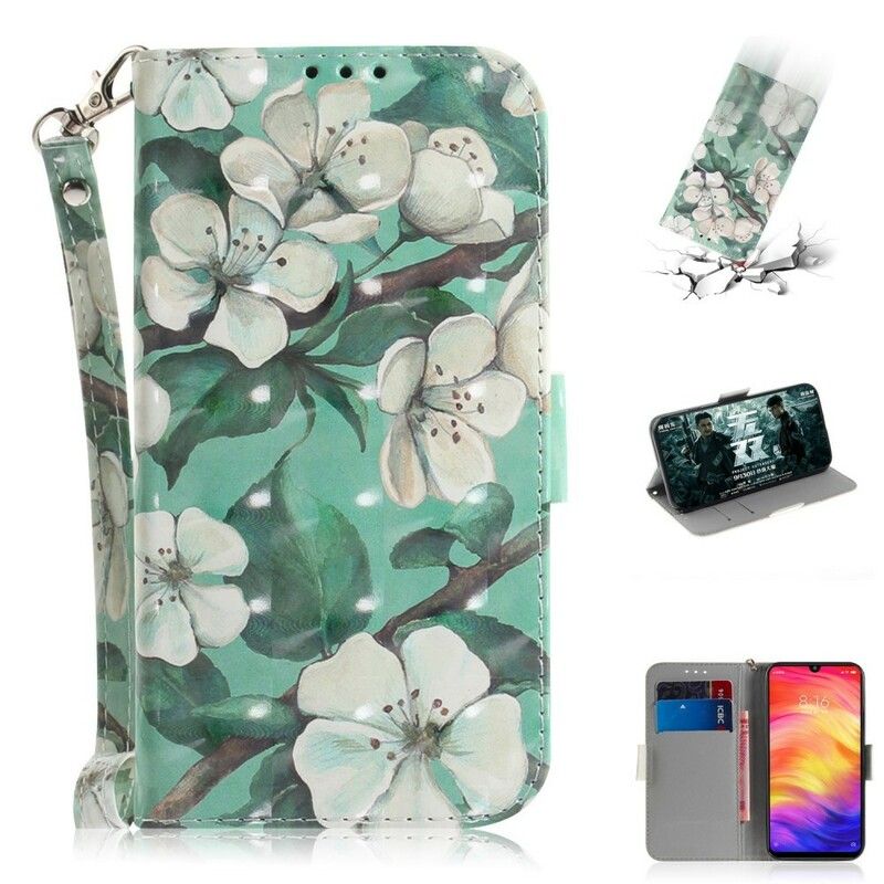 Læder Cover Xiaomi Redmi Note 7 Med Snor Thong Blomstergren