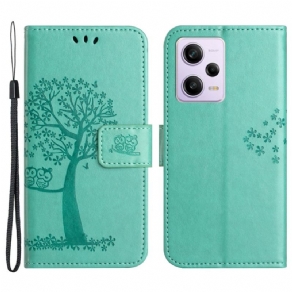 Flip Cover Xiaomi Redmi Note 12 5G Med Snor Thong Træ Og Ugler