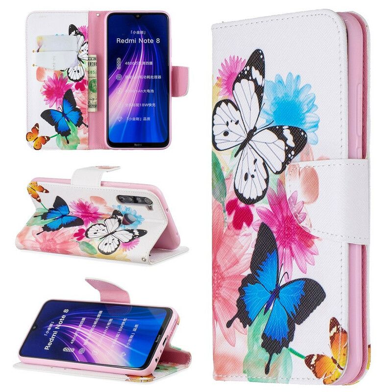 Flip Cover Xiaomi Redmi Note 8 Malede Sommerfugle Og Blomster