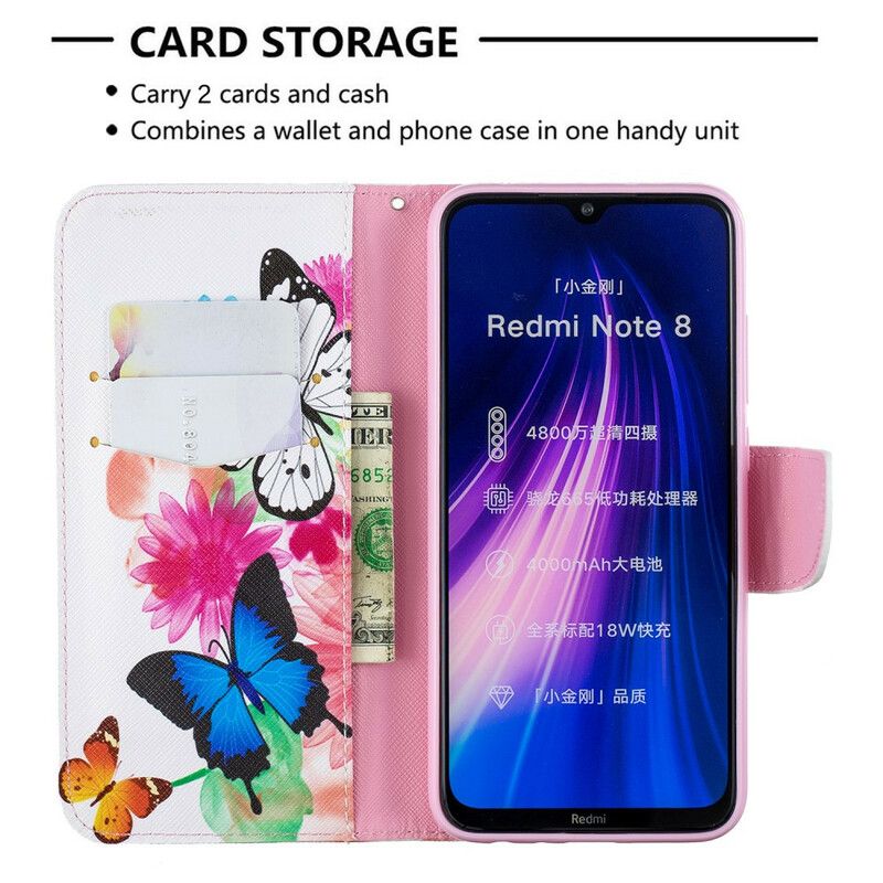 Flip Cover Xiaomi Redmi Note 8 Malede Sommerfugle Og Blomster