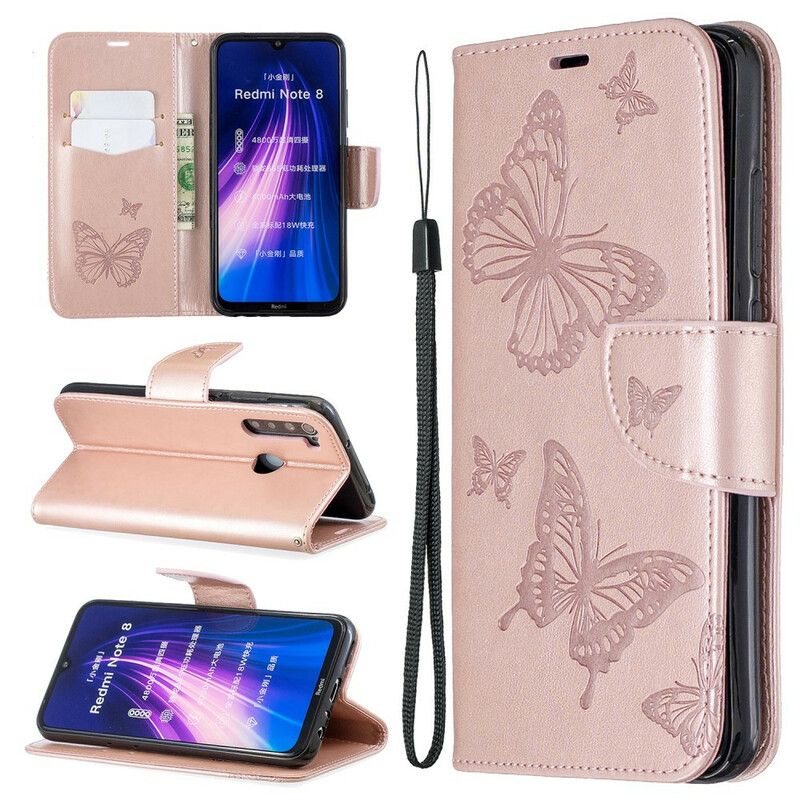 Flip Cover Xiaomi Redmi Note 8 Med Snor Sommerfugle Trykt Rem