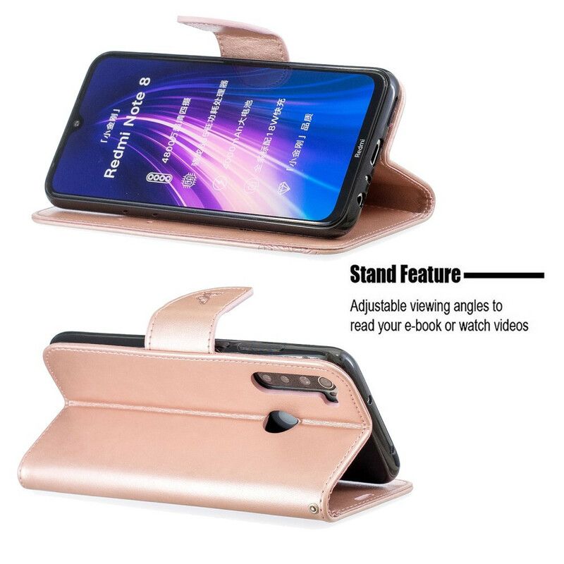 Flip Cover Xiaomi Redmi Note 8 Med Snor Sommerfugle Trykt Rem