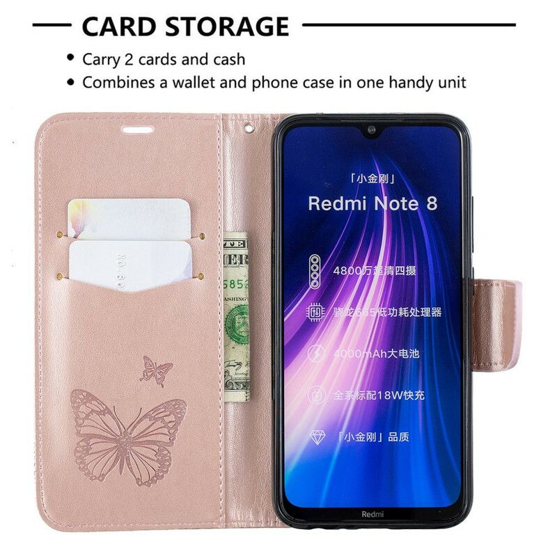 Flip Cover Xiaomi Redmi Note 8 Med Snor Sommerfugle Trykt Rem