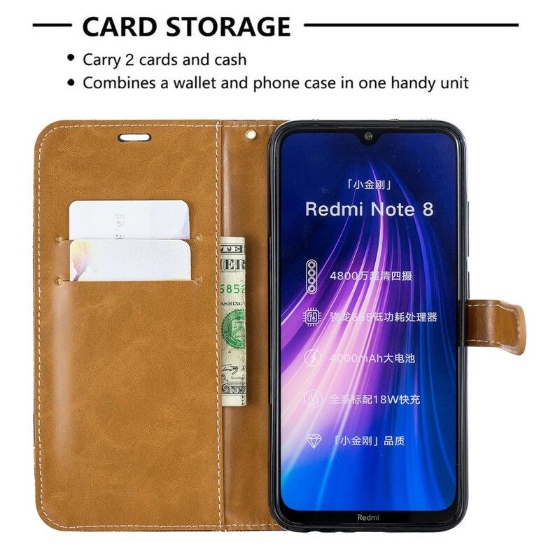 Flip Cover Xiaomi Redmi Note 8 Med Snor Stof- Og Lædereffektrem