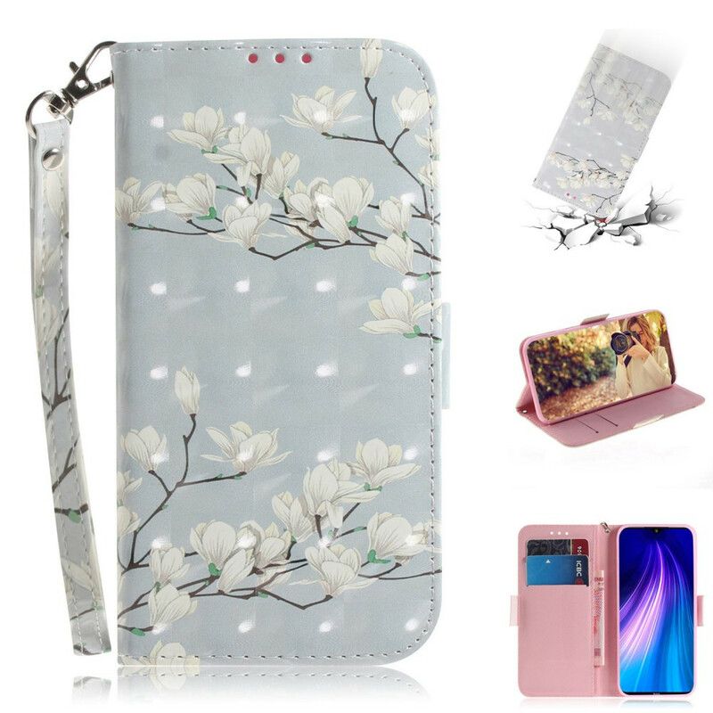 Flip Cover Xiaomi Redmi Note 8 Med Snor Thong Blomstertræ