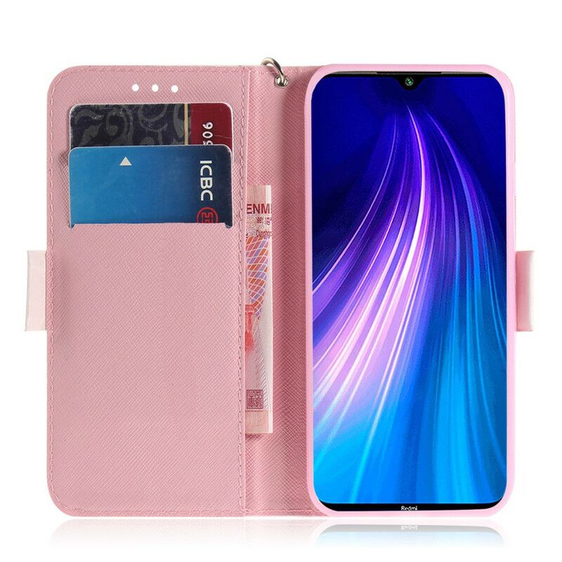 Flip Cover Xiaomi Redmi Note 8 Med Snor Thong Blomstertræ