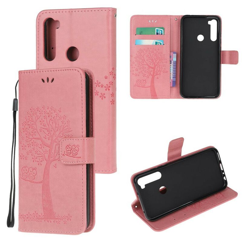 Flip Cover Xiaomi Redmi Note 8 Med Snor Træ Og Strappy Ugler