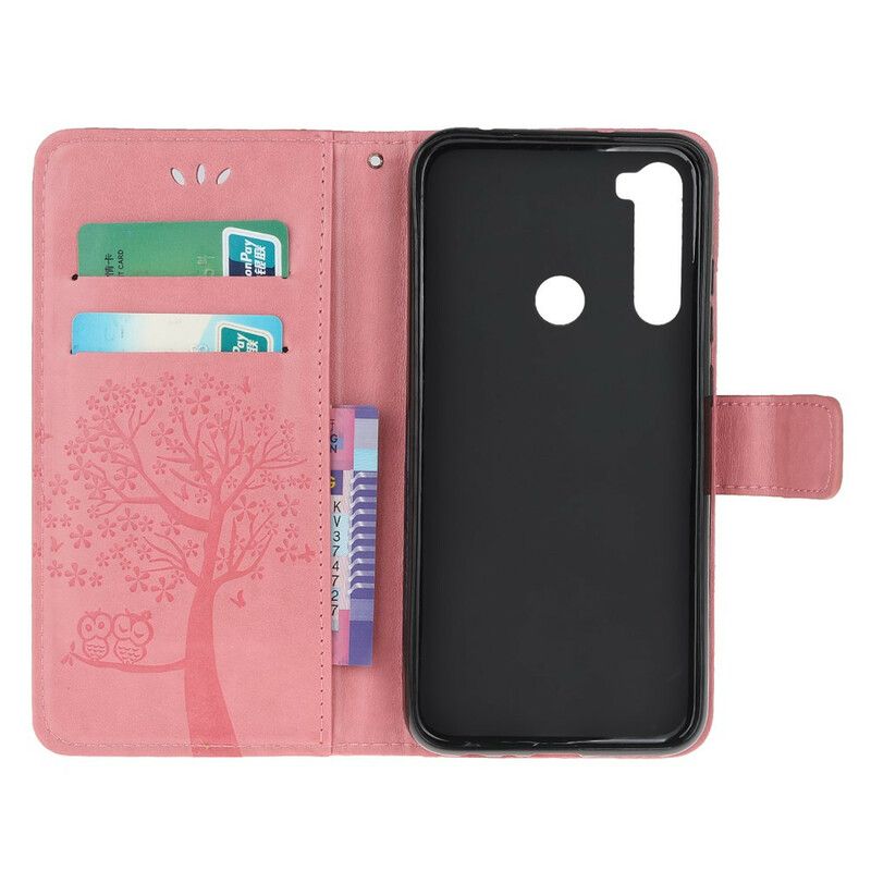 Flip Cover Xiaomi Redmi Note 8 Med Snor Træ Og Strappy Ugler