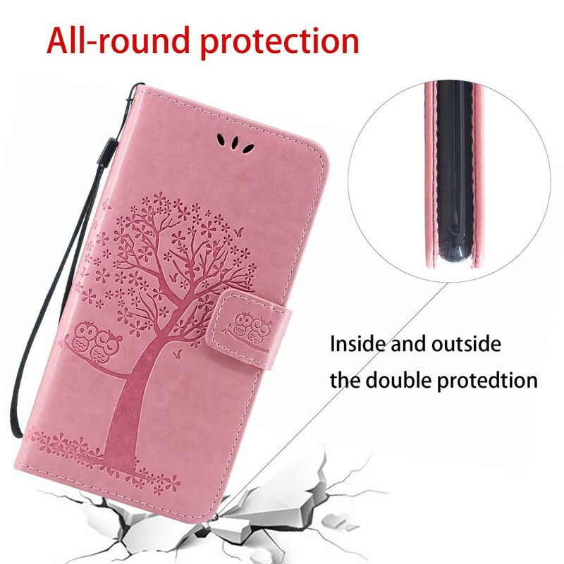 Flip Cover Xiaomi Redmi Note 8 Med Snor Træ Og Strappy Ugler