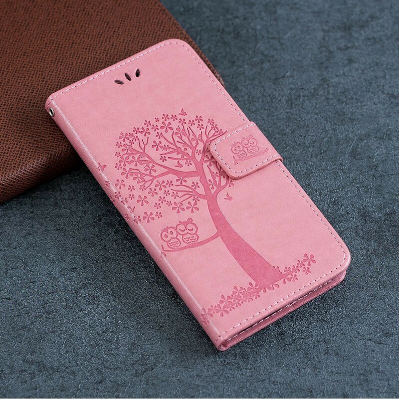 Flip Cover Xiaomi Redmi Note 8 Med Snor Træ Og Strappy Ugler