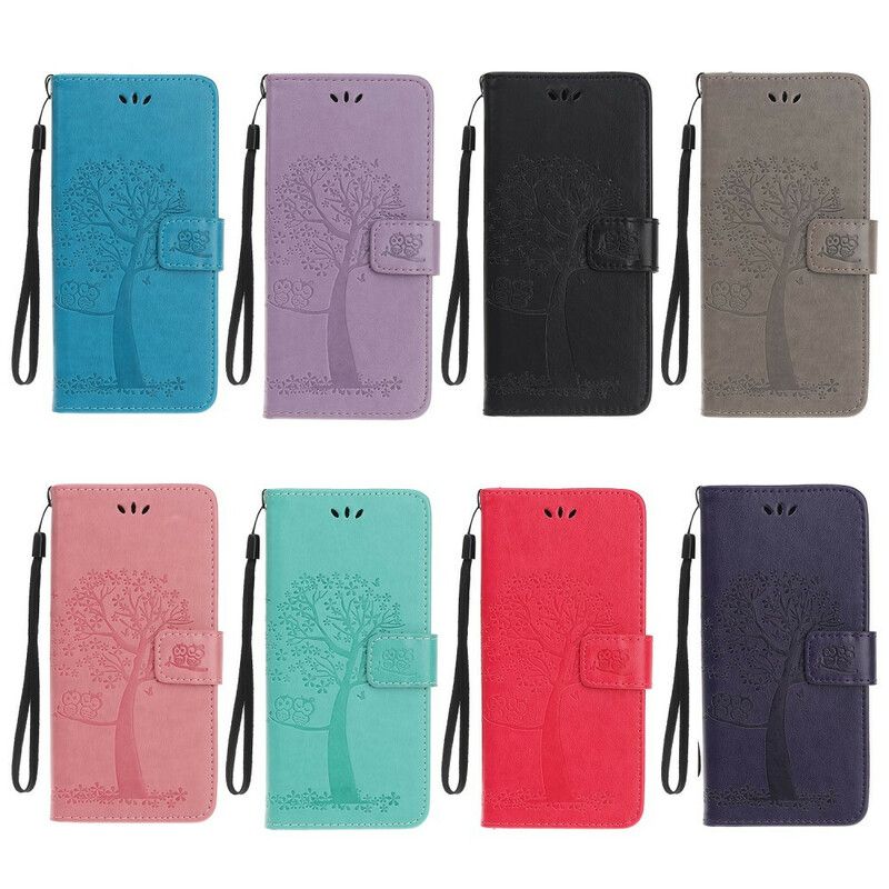 Flip Cover Xiaomi Redmi Note 8 Med Snor Træ Og Strappy Ugler