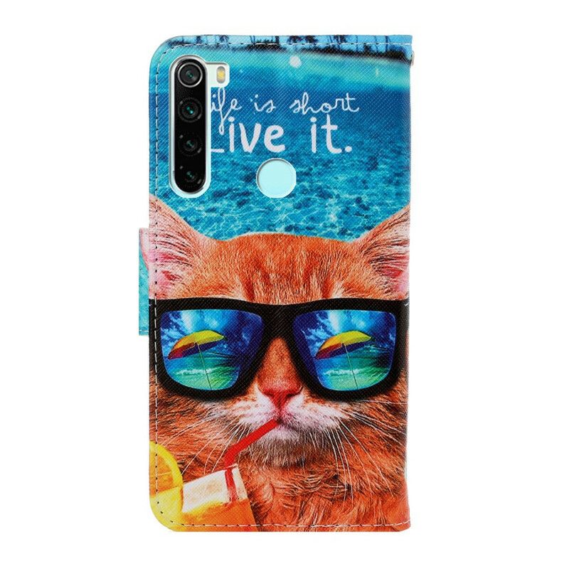 Læder Cover Xiaomi Redmi Note 8 Med Snor Cat Live It Strappy