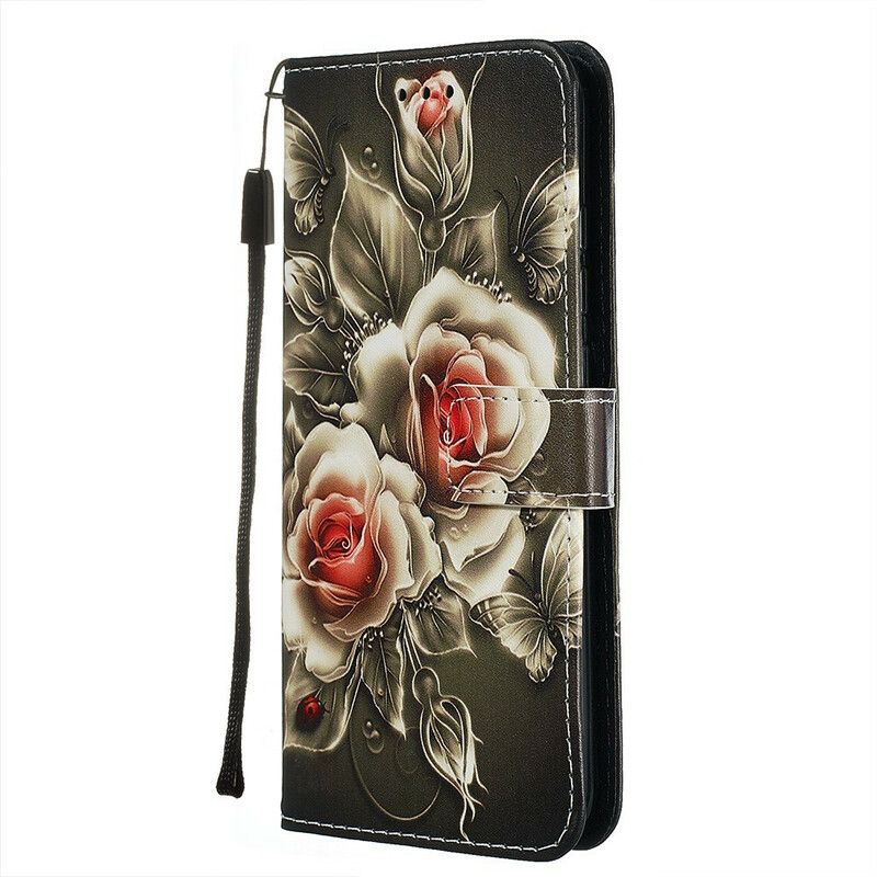 Læder Cover Xiaomi Redmi Note 8 Med Snor Sort Rose Med Rem