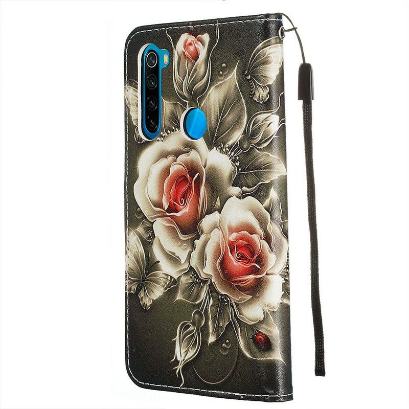 Læder Cover Xiaomi Redmi Note 8 Med Snor Sort Rose Med Rem