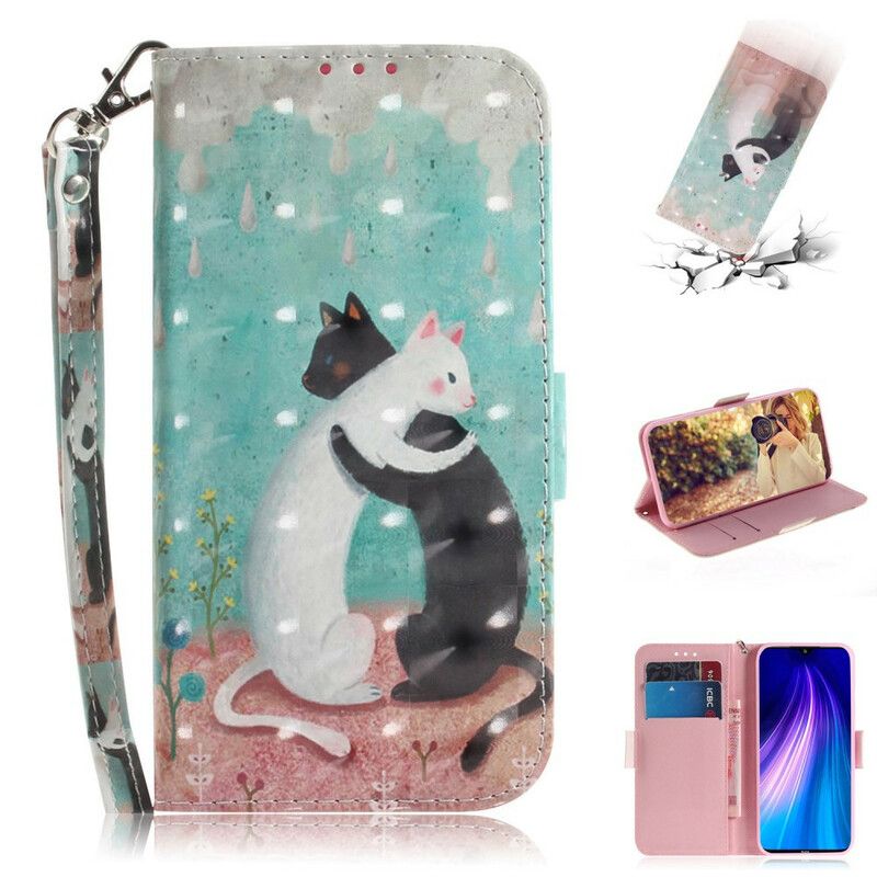 Læder Cover Xiaomi Redmi Note 8 Med Snor Thong Cat Friends