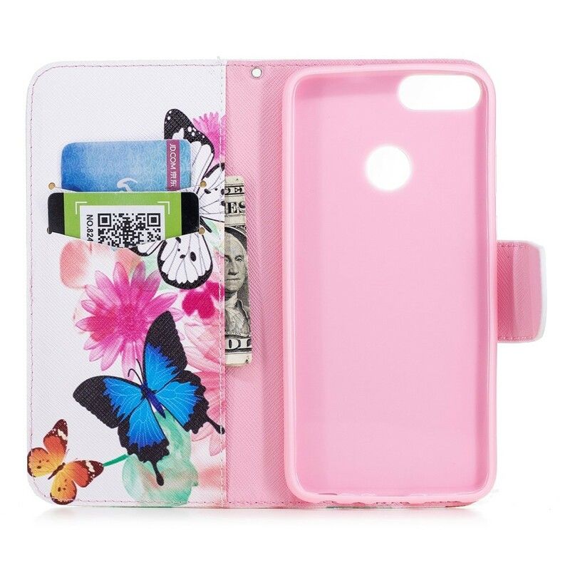 Flip Cover Huawei P Smart Malede Sommerfugle Og Blomster