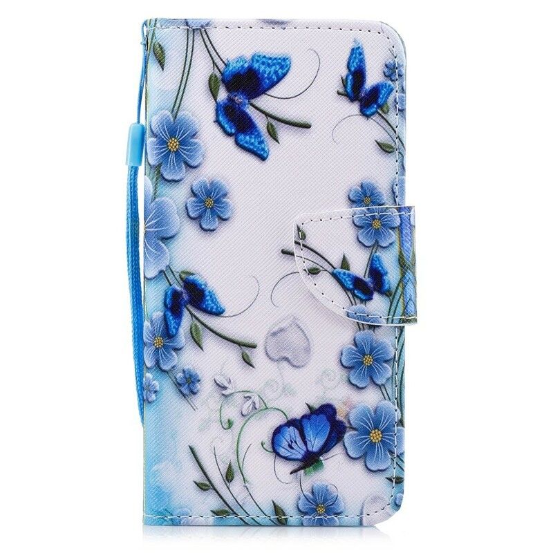 Flip Cover Huawei P Smart Med Snor Blå Strop Sommerfugle Og Blomster