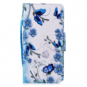 Flip Cover Huawei P Smart Med Snor Blå Strop Sommerfugle Og Blomster