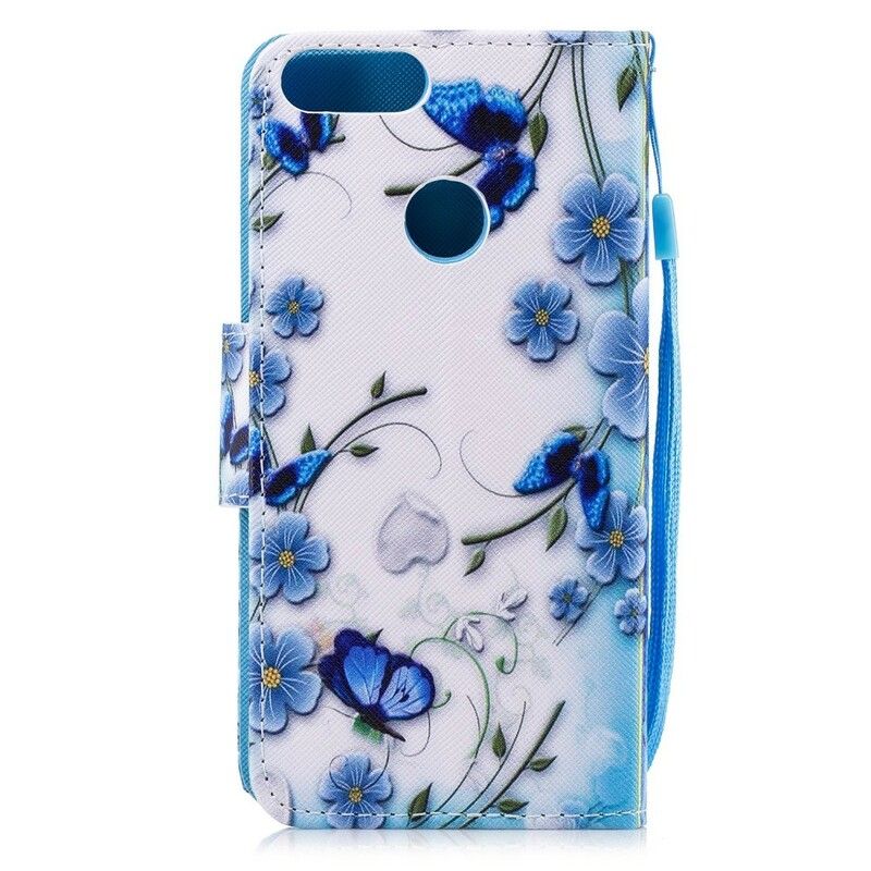 Flip Cover Huawei P Smart Med Snor Blå Strop Sommerfugle Og Blomster