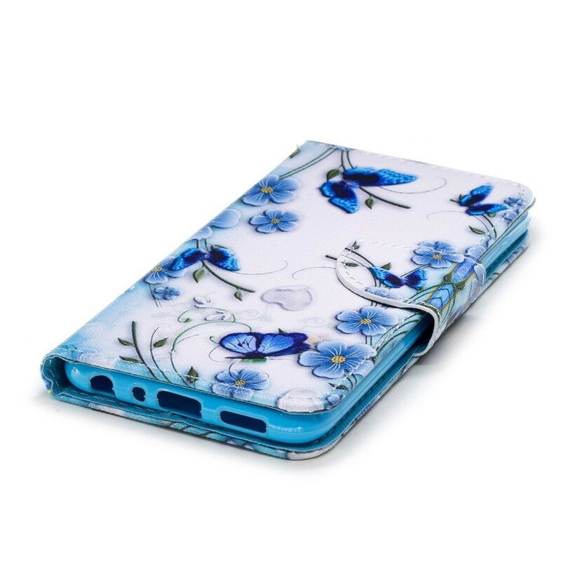 Flip Cover Huawei P Smart Med Snor Blå Strop Sommerfugle Og Blomster