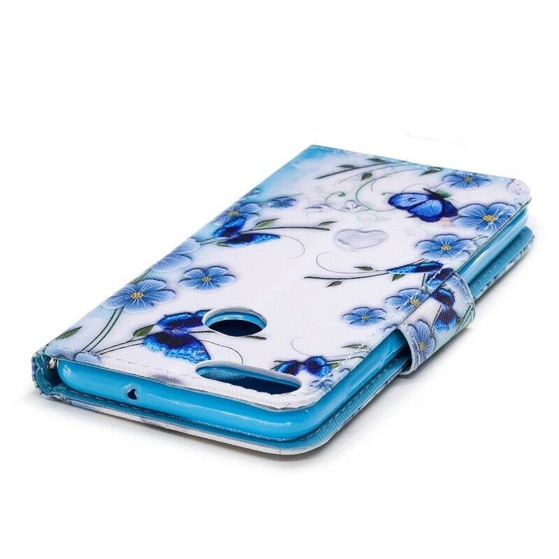 Flip Cover Huawei P Smart Med Snor Blå Strop Sommerfugle Og Blomster