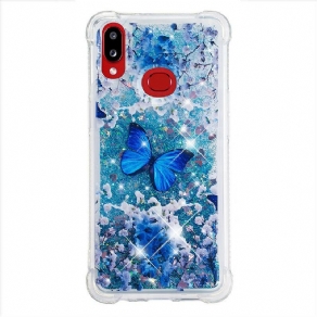 Cover Samsung Galaxy A10s Blå Glitter Sommerfugle