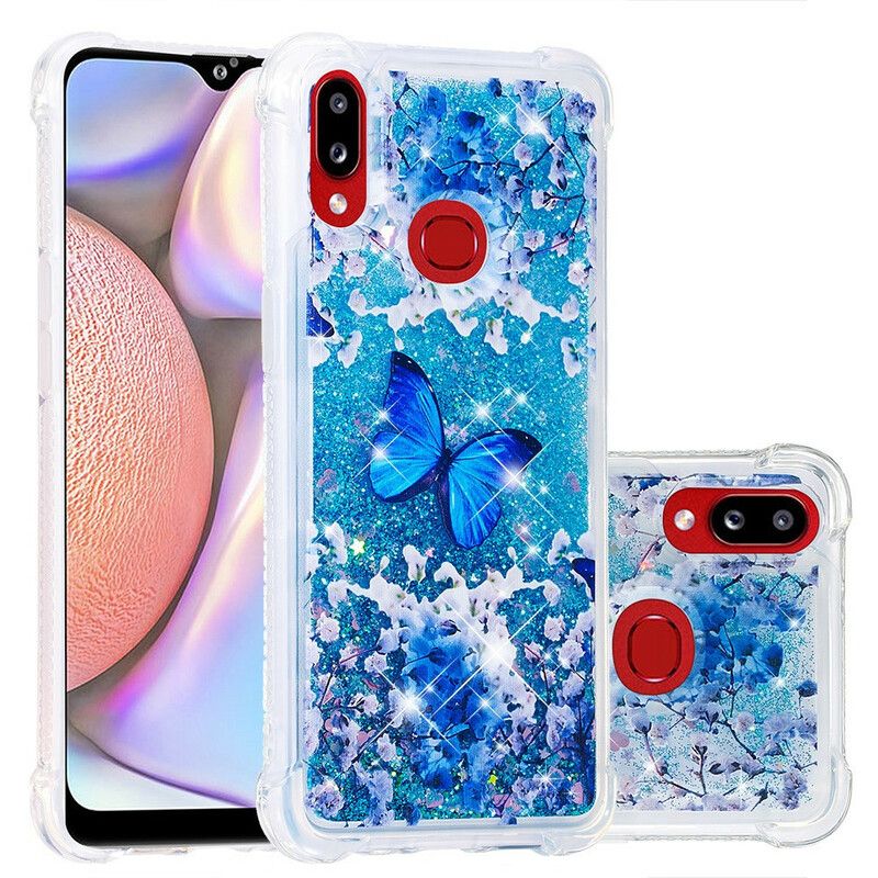 Cover Samsung Galaxy A10s Blå Glitter Sommerfugle