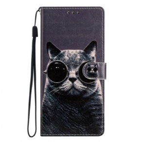 Læder Cover Samsung Galaxy A54 5G Med Snor Cat Strappy Briller