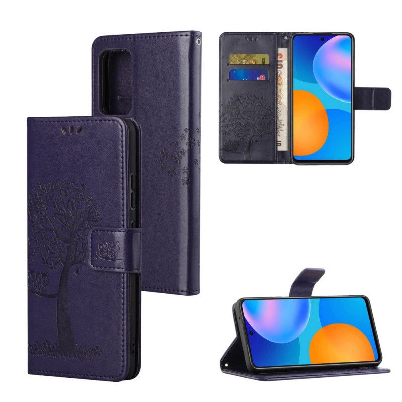 Flip Cover Xiaomi Redmi Note 11 / 11S Med Snor Træ Og Strappy Ugler