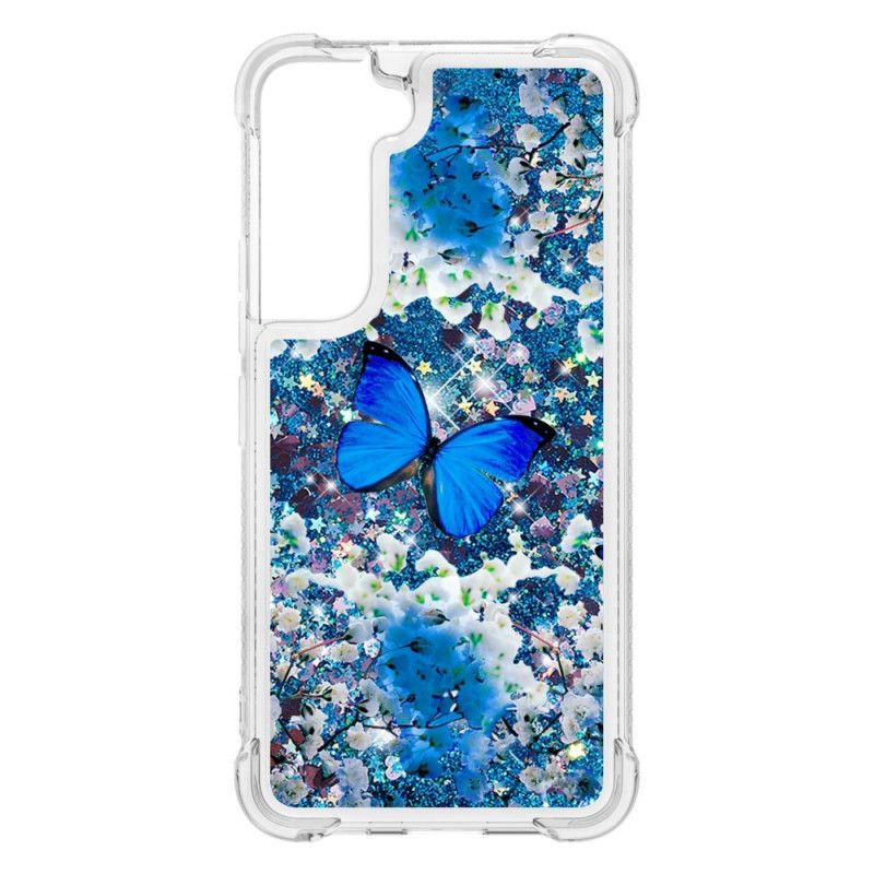 Cover Samsung Galaxy S22 Plus 5G Blå Glitter Sommerfugle