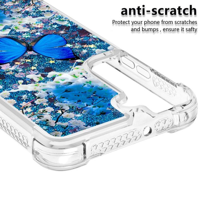 Cover Samsung Galaxy S22 Plus 5G Blå Glitter Sommerfugle