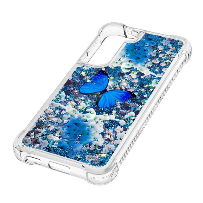 Cover Samsung Galaxy S22 Plus 5G Blå Glitter Sommerfugle