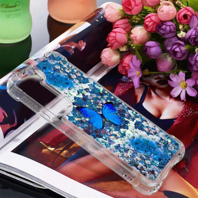 Cover Samsung Galaxy S22 Plus 5G Blå Glitter Sommerfugle