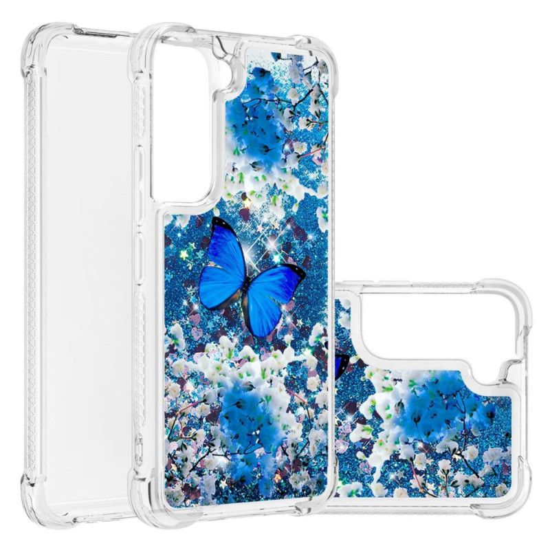 Cover Samsung Galaxy S22 Plus 5G Blå Glitter Sommerfugle