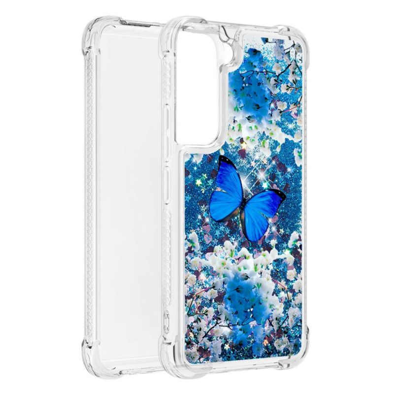 Cover Samsung Galaxy S22 Plus 5G Blå Glitter Sommerfugle