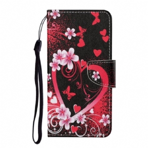 Flip Cover Samsung Galaxy S22 Plus 5G Blomster Og Hjerter Med Snor