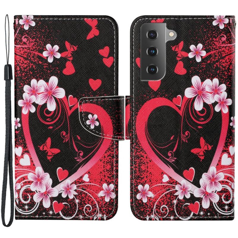 Flip Cover Samsung Galaxy S22 Plus 5G Blomster Og Hjerter Med Snor