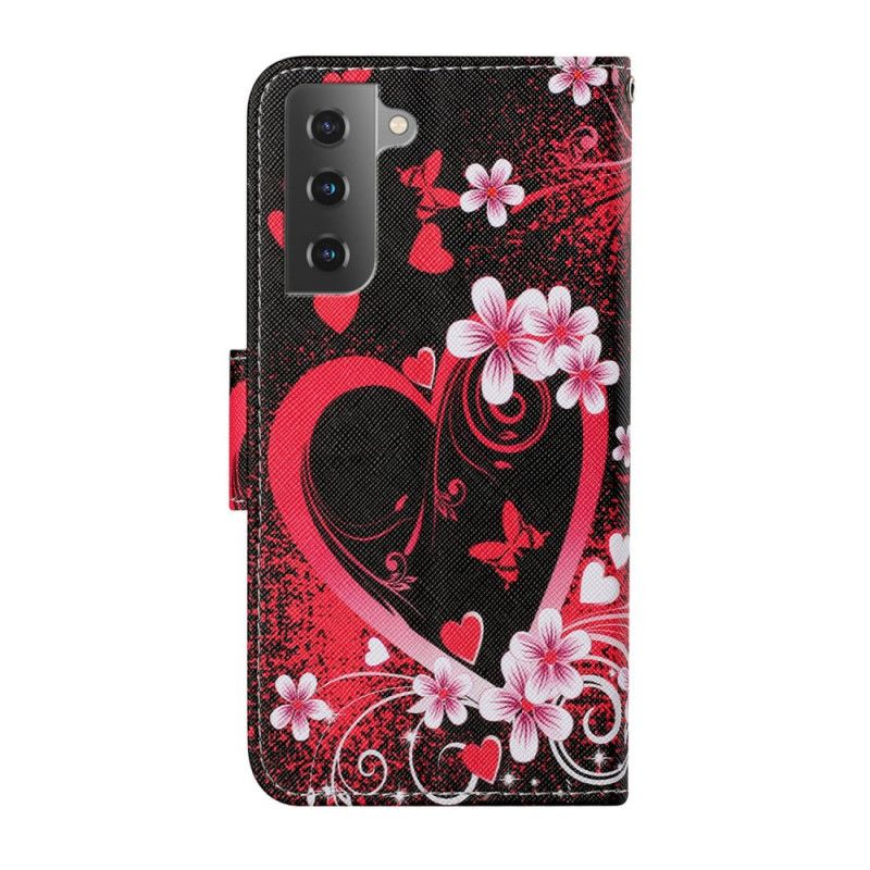 Flip Cover Samsung Galaxy S22 Plus 5G Blomster Og Hjerter Med Snor