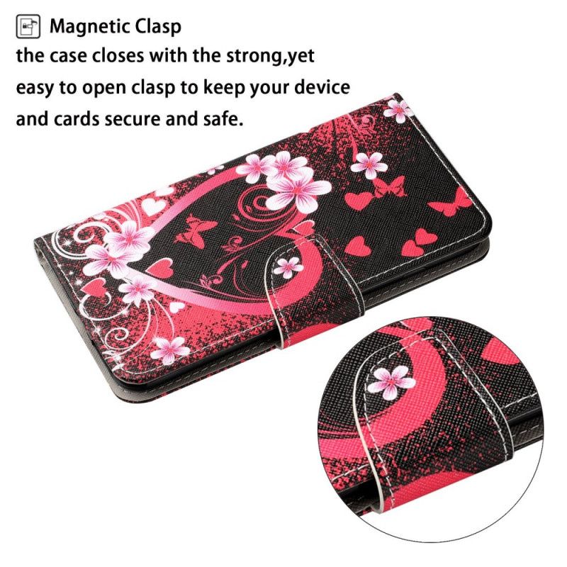 Flip Cover Samsung Galaxy S22 Plus 5G Blomster Og Hjerter Med Snor