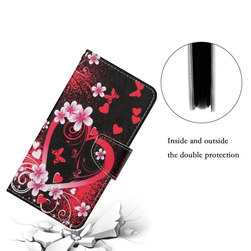 Flip Cover Samsung Galaxy S22 Plus 5G Blomster Og Hjerter Med Snor