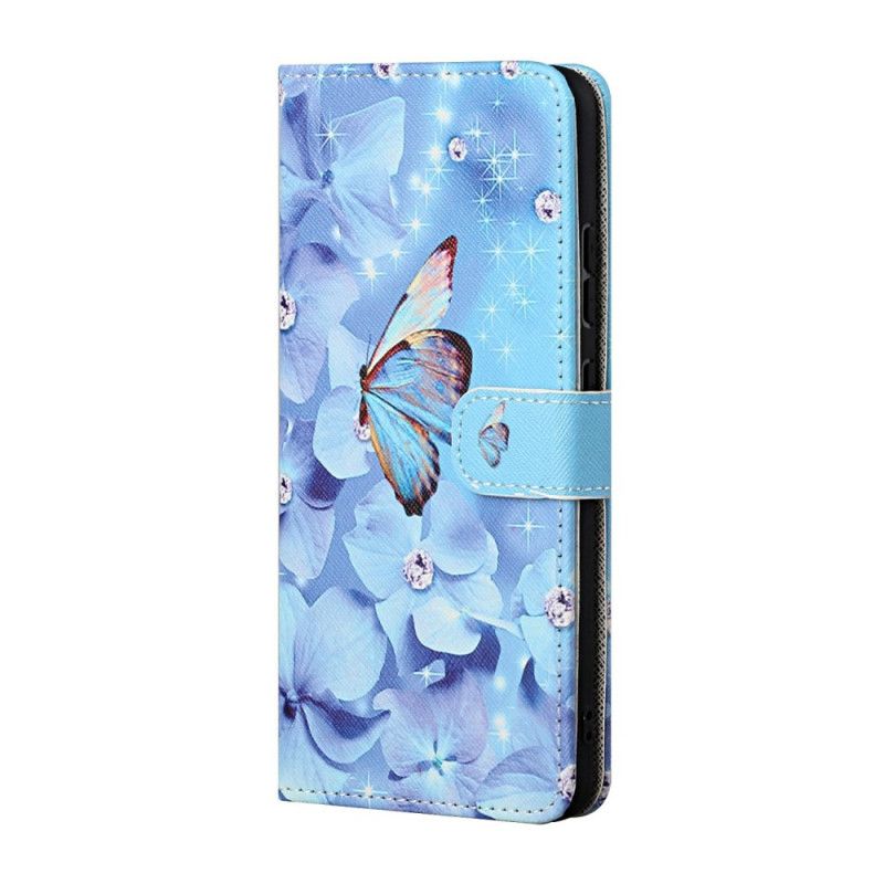 Flip Cover Samsung Galaxy S22 Plus 5G Med Snor Sommerfugle Med Diamantrem