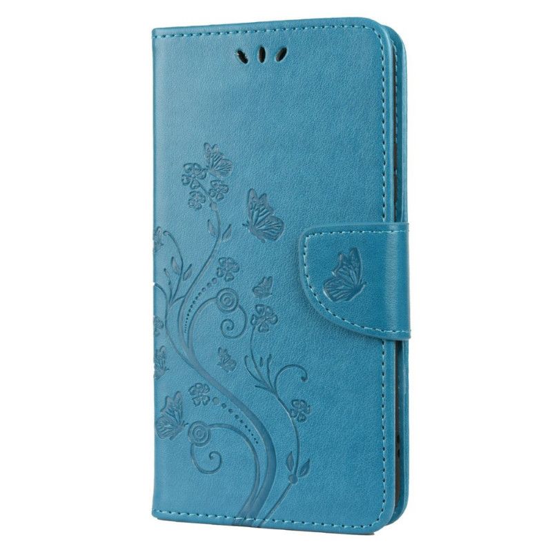 Flip Cover Samsung Galaxy S22 Plus 5G Sommerfugle Og Blomster Med Snor