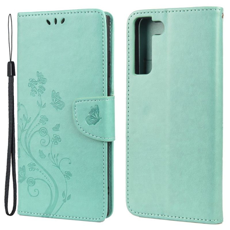 Flip Cover Samsung Galaxy S22 Plus 5G Sommerfugle Og Blomster Med Snor