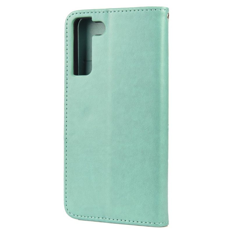 Flip Cover Samsung Galaxy S22 Plus 5G Sommerfugle Og Blomster Med Snor