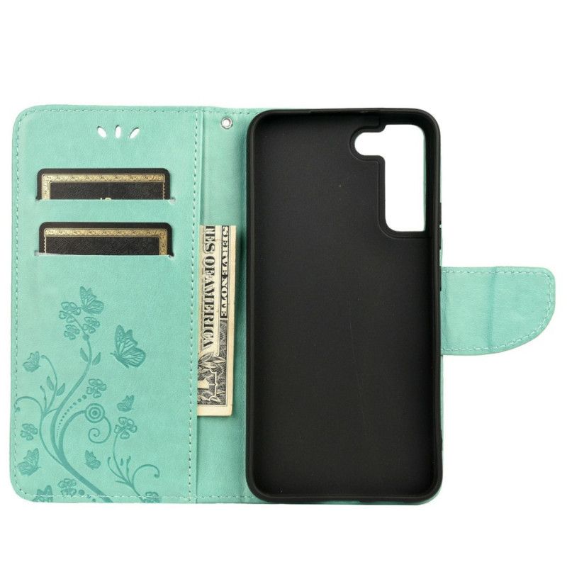 Flip Cover Samsung Galaxy S22 Plus 5G Sommerfugle Og Blomster Med Snor