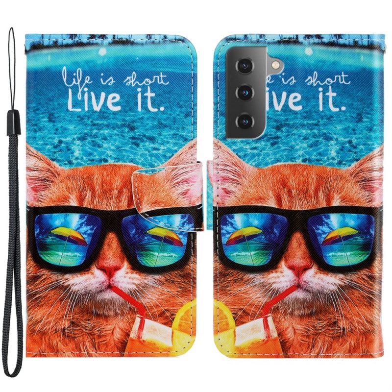 Læder Cover Samsung Galaxy S22 Plus 5G Med Snor Cat Live It Strappy