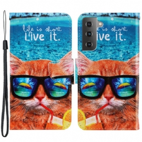 Læder Cover Samsung Galaxy S22 Plus 5G Med Snor Cat Live It Strappy